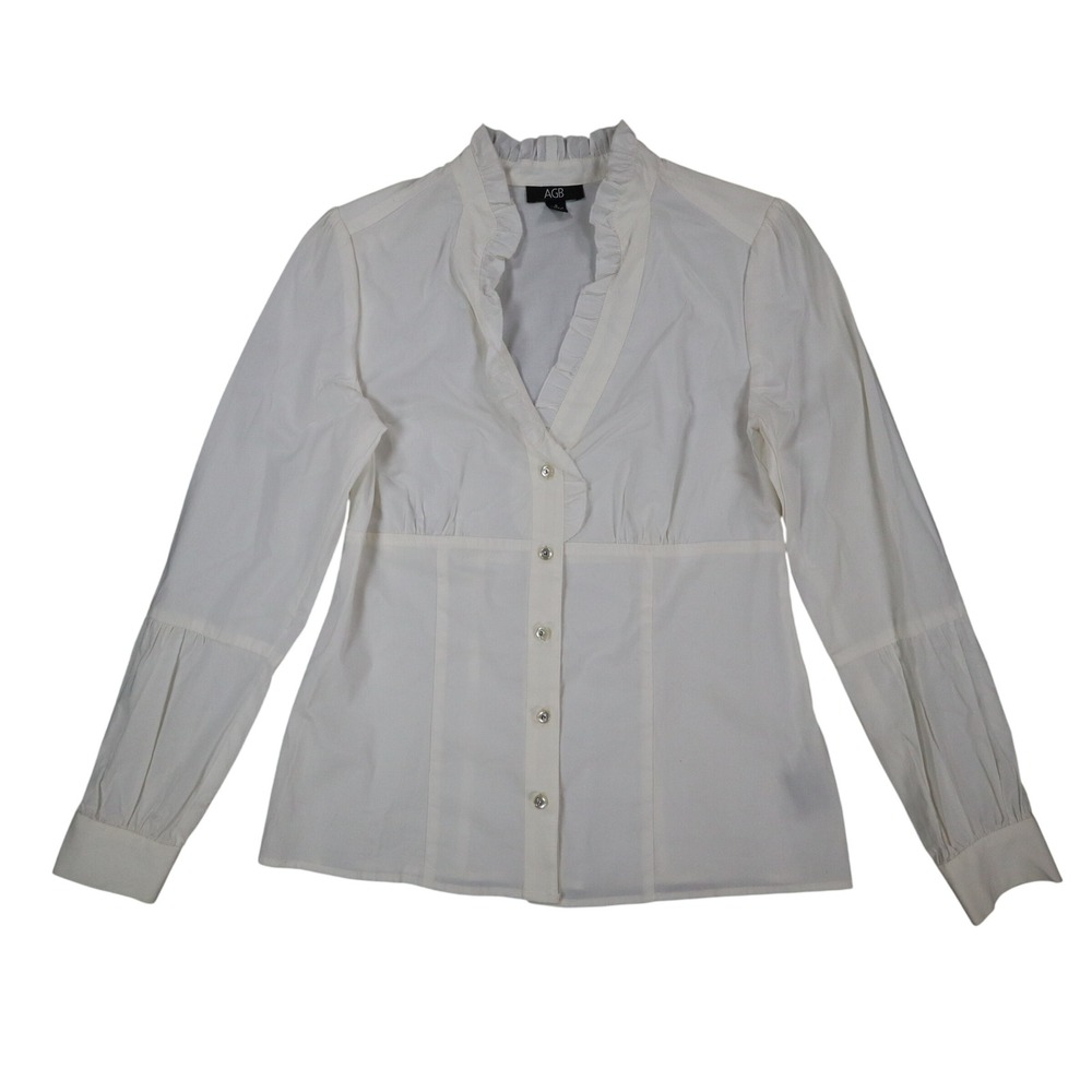 AGB Blouse Womens Small White Stretch Cotton Ruffle V-Neck Long Sleeve Button Up